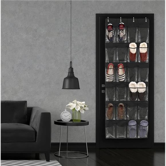 24 Pockets Crystal Clear Over The Door Hanging Shoe Organizer Black 64'' x 19'' - Picture 2 of 7